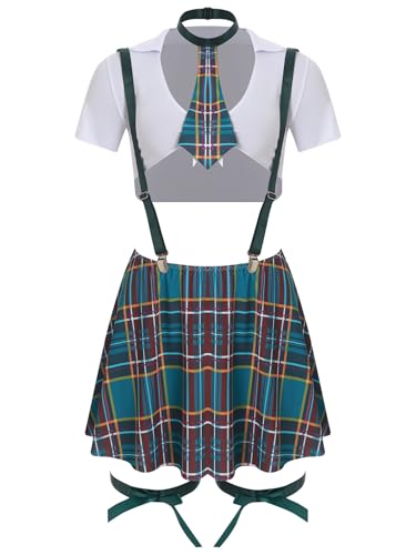 Vxuxlje Damen Schulmädchen Kostüm Bauchfreie Tops Plaid Rock mit Tanga und Beinbänder Tanzkostüm Halloween Cosplay Nachtclubs Clubwear Grün M Vxuxlje Damen Schulmädchen Kostüm Bauchfreie Tops Plaid Rock mit Tanga und Beinbänder Tanzkostüm Halloween Cosplay Nachtclubs Clubwear Grün M von Vxuxlje