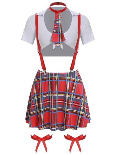 Vxuxlje Damen Schulmädchen Kostüm Bauchfreie Tops Plaid Rock mit Tanga und Beinbänder Tanzkostüm Halloween Cosplay Nachtclubs Clubwear Rot S Vxuxlje Damen Schulmädchen Kostüm Bauchfreie Tops Plaid Rock mit Tanga und Beinbänder Tanzkostüm Halloween Cosplay Nachtclubs Clubwear Rot S von Vxuxlje
