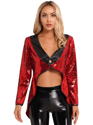 Vxuxlje Damenjacke Mit Pailletten Zirkuskostüm Lange Jacke Mantel Frack Mit Pailletten Halloween Party Kostüm Karneval Cosplay Rot XXL von Vxuxlje