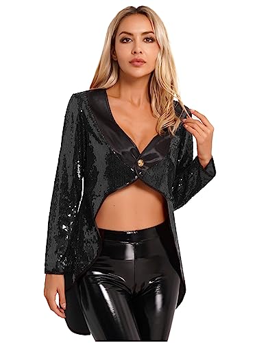 Vxuxlje Damenjacke Mit Pailletten Zirkuskostüm Lange Jacke Mantel Frack Mit Pailletten Halloween Party Kostüm Karneval Cosplay Schwarz 3XL von Vxuxlje