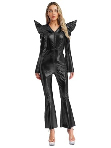 Vxuxlje Disco Outfit Damen Halloween Metallic Overall Jumpsuit Alienkostüm Astronauten Kstüme Cosplay Set Festival Outfit Karnevalskostüm Schwarz 3XL von Vxuxlje
