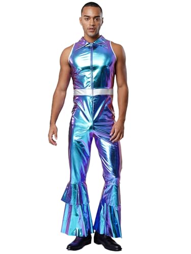 Vxuxlje Disco Overall Herren Metallic Jumpsuit Halloween Astronauten Kostüme Erwachsene Festival Outfit Jazz Hip Hop Outfit Rompers Fasching Kostüm Blau XXL von Vxuxlje