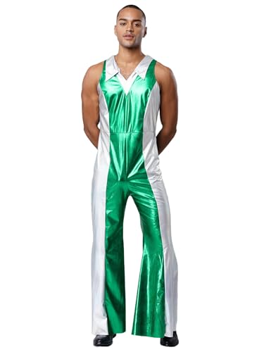 Vxuxlje Glänzend Metallisch Jumpsuit Herren Ärmellos Farbblock Rompers Gestreift Overall Disco Kostüm Halloween Karneval Kostüm Rave Outfit Clubwear Grün M von Vxuxlje