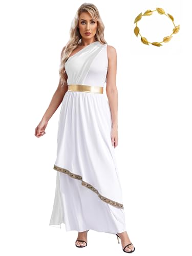 Vxuxlje Griechische Göttin Kostüm Damen Halloween Griechisches Kleid Toga Mit Blattkrone Griechische Göttin Kleid Antike Römische Kriegerin Kostüm Karnevalskostüm Weiß M von Vxuxlje