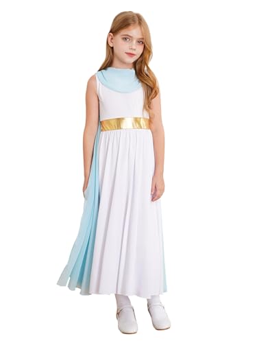 Vxuxlje Griechisches Göttinnen Kostüm Mädchen Antike Römische Toga Kostüm Prinzessinnen Kleid Mit Tüll Langes Kleid Halloween Karneval Hellblau 122-128 von Vxuxlje