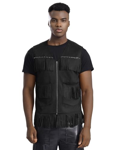 Vxuxlje Halloween Herren Western Cowboy Weste Ärmellos Cardigan Motorrad Jacke Mit Quasten Biker Jacke Festival Outfit Karneval Fasching Kostüm Mottopartys Schwarz S von Vxuxlje