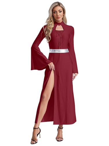 Vxuxlje Halloween Mittelalter Kostüme Damen Renaissance Gothic Kleid Vintage Seitenschlitzkleid mit Trompetenärmel Karnevalskostüm Clubwear Rave Outfit Burgund XL von Vxuxlje