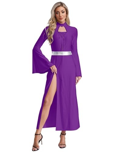 Vxuxlje Halloween Mittelalter Kostüme Damen Renaissance Gothic Kleid Vintage Seitenschlitzkleid mit Trompetenärmel Karnevalskostüm Clubwear Rave Outfit Lila XXL von Vxuxlje