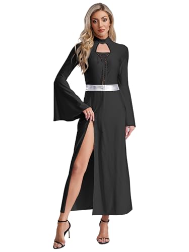 Vxuxlje Halloween Mittelalter Kostüme Damen Renaissance Gothic Kleid Vintage Seitenschlitzkleid mit Trompetenärmel Karnevalskostüm Clubwear Rave Outfit Schwarz L von Vxuxlje