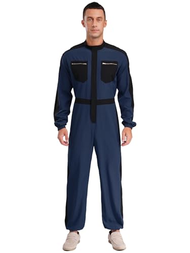 Vxuxlje Herren Arbeitsanzug Langarm Jumpsuit Overall Einteiliger Arbeitsoverall mit Taschen Ganzkörperanzug Halloween Cosplay Karneval Navy blau M von Vxuxlje