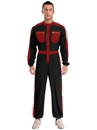 Vxuxlje Herren Arbeitsanzug Langarm Jumpsuit Overall Einteiliger Arbeitsoverall mit Taschen Ganzkörperanzug Halloween Cosplay Karneval Schwarz 3XL von Vxuxlje