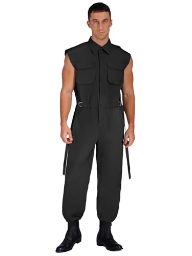 Vxuxlje Herren Arbeitsoverall Ärmellos Arbeitsanzug Overall mit Verstellbarem Bund für Mechaniker Bauarbeiter Halloween Fasching Kostüm Schwarz XXL von Vxuxlje
