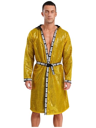 Vxuxlje Herren Boxer Kostüm Halloween Pailletten Boxermantel Boxer Robe mit Kapuze Kämpfer Uniform Cosplay Set Bühnenauftritt Karnevalskostüm Gold L von Vxuxlje
