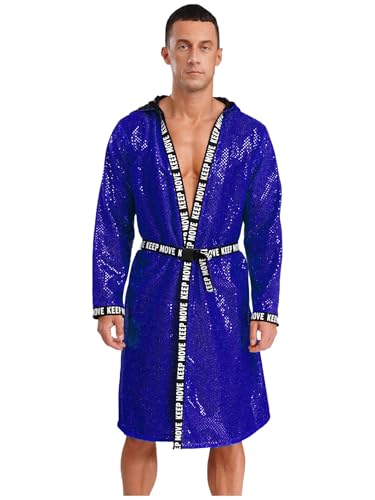 Vxuxlje Herren Boxer Kostüm Halloween Pailletten Boxermantel Boxer Robe mit Kapuze Kämpfer Uniform Cosplay Set Bühnenauftritt Karnevalskostüm Königsblau XXL von Vxuxlje