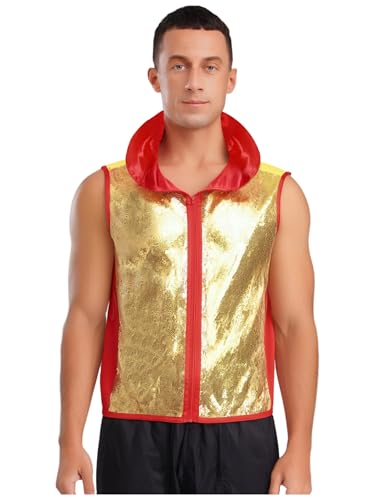 Vxuxlje Herren Glitzer Pailletten Weste mit Kapuzen Ärmellose Jacke Bodybuilding Fitness Outfit Clubwear Fasching Karneval Kostüm Rotes Gold M von Vxuxlje