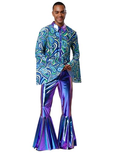 Vxuxlje Herren Hippie Kostüm Halloween Metallic Patchwork Jumpsuit mit Schlaghosen Overall Karnevalskostüm Rave Outfit Clubwear Blau 3XL von Vxuxlje
