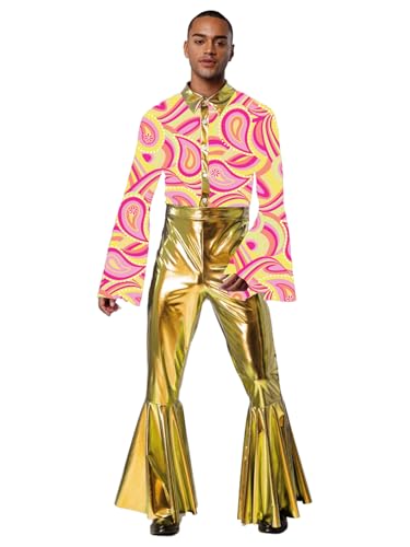 Vxuxlje Herren Hippie Kostüm Halloween Metallic Patchwork Jumpsuit mit Schlaghosen Overall Karnevalskostüm Rave Outfit Clubwear Gold S von Vxuxlje