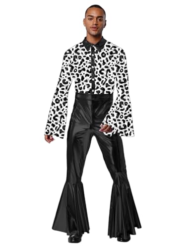Vxuxlje Herren Hippie Kostüm Halloween Metallic Patchwork Jumpsuit mit Schlaghosen Overall Karnevalskostüm Rave Outfit Clubwear Schwarz M von Vxuxlje