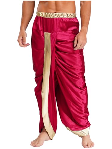 Vxuxlje Herren Indischer Dhoti Hosen Halloween Elastische Fertige Dhoti Hose Indischer Kostüme Bauchtanz Kostüm Fasching Kostüm Cosplay Rave Outfit Burgund XL von Vxuxlje