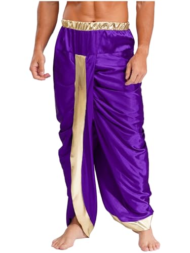 Vxuxlje Herren Indischer Dhoti Hosen Halloween Elastische Fertige Dhoti Hose Indischer Kostüme Bauchtanz Kostüm Fasching Kostüm Cosplay Rave Outfit Lila 3XL von Vxuxlje