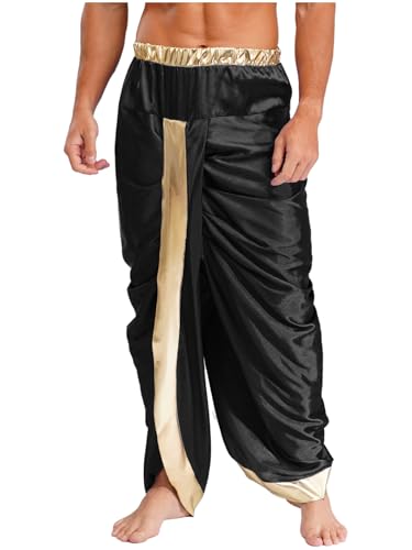 Vxuxlje Herren Indischer Dhoti Hosen Halloween Elastische Fertige Dhoti Hose Indischer Kostüme Bauchtanz Kostüm Fasching Kostüm Cosplay Rave Outfit Schwarz 3XL von Vxuxlje