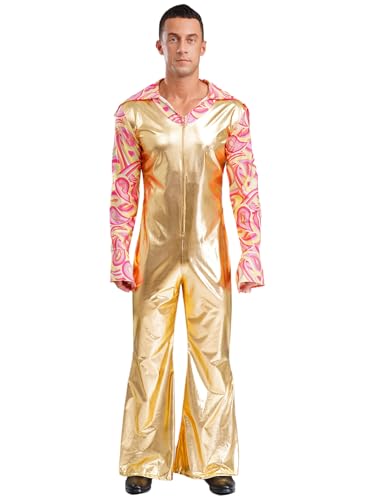 Vxuxlje Herren Metallic Disco Kostüm 80er Jahre Hippie Kostüm V-Ausschnitt Overall mit Trompetenarmel Cosply Mottopartys Fasching Karneval Clubwear Gold S von Vxuxlje