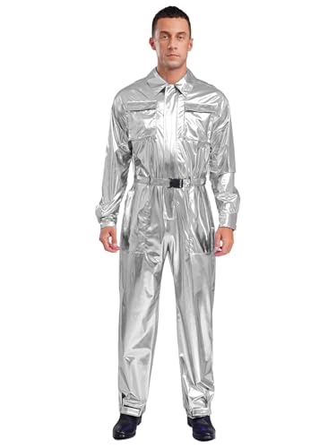 Vxuxlje Herren Metallic Glitzer Arbeitsoverall Langarm Arbeitskleidung mit Gürtel Holografisch Overall Jumpsuit Disco Kostüm Cosplay Fasching Kostüm Silber S Vxuxlje Herren Metallic Glitzer Arbeitsoverall Langarm Arbeitskleidung mit Gürtel Holografisch Overall Jumpsuit Disco Kostüm Cosplay Fasching Kostüm Silber S von Vxuxlje