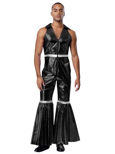 Vxuxlje Herren Metallic Jumpsuit Halloween 70er Disco Kostüm Ärmellos Vausschnitt Overall Mit Schlaghosen Hip Hop Kostüme Karneval Fasching Kostüm Rave Clubwear Schwarz 3XL von Vxuxlje