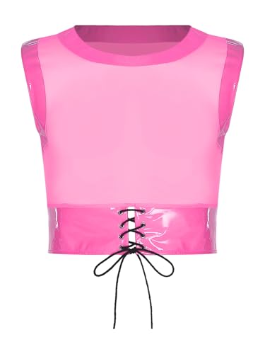 Vxuxlje Herren Transparent Netz Crop Top mit Bandage Lack Leder Tanktop Ärmellose Bauchfreie Oberteile Karneval Kostüm Clubwear Hot Pink L von Vxuxlje