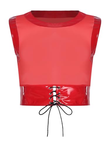 Vxuxlje Herren Transparent Netz Crop Top mit Bandage Lack Leder Tanktop Ärmellose Bauchfreie Oberteile Karneval Kostüm Clubwear Rot L von Vxuxlje