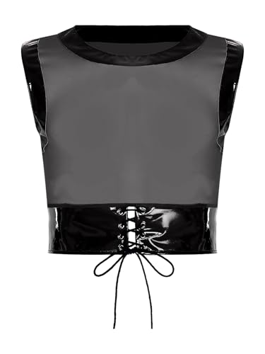 Vxuxlje Herren Transparent Netz Crop Top mit Bandage Lack Leder Tanktop Ärmellose Bauchfreie Oberteile Karneval Kostüm Clubwear Schwarz XL Vxuxlje Herren Transparent Netz Crop Top mit Bandage Lack Leder Tanktop Ärmellose Bauchfreie Oberteile Karneval Kostüm Clubwear Schwarz XL von Vxuxlje