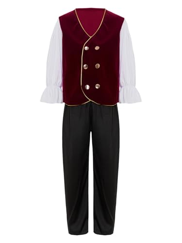 Vxuxlje Kinder Jungen Renaissance Prinz Kostüm Lange Ärmel Jacke Hose Karneval Halloween Outfit Cosplay Set Rot 158-164 von Vxuxlje