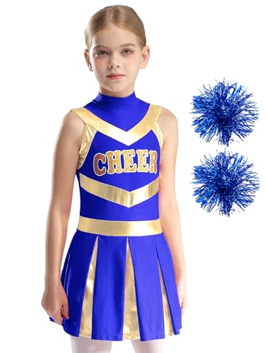 Vxuxlje Kostüm Cheerleading Für Mädchen Ärmelloses Cheerleaderkleid Mit Pompom Tanz Cheer Kostüm Für Halloween Karneval Feste B Blau 134-140 von Vxuxlje