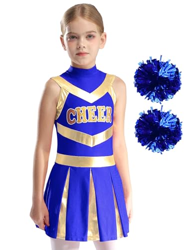 Vxuxlje Kostüm Cheerleading Für Mädchen Ärmelloses Cheerleaderkleid Mit Pompom Tanz Cheer Kostüm Für Halloween Karneval Feste Ein Blau 170 von Vxuxlje