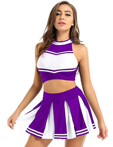 Vxuxlje Kostüm Da Cheerleading Da Damen Ärmellose Tops + Rock Tanz Cheerleader Uniform Karneval Feste Halloween Verkleidung Lila XL von Vxuxlje