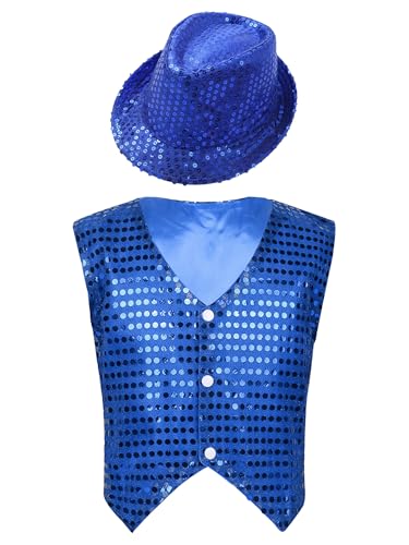 Vxuxlje Kostüm Gilet Pagliaccio Pailletten Für Kinder Mit Hut Ärmellose Glitzer Weste Aufführungen Theaterstücke Jazz Tanz Kostüm Blau 158-164 von Vxuxlje