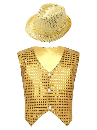Vxuxlje Kostüm Gilet Pagliaccio Pailletten Für Kinder Mit Hut Ärmellose Glitzer Weste Aufführungen Theaterstücke Jazz Tanz Kostüm Gold 134-140 von Vxuxlje