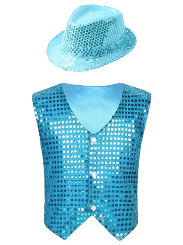 Vxuxlje Kostüm Gilet Pagliaccio Pailletten Für Kinder Mit Hut Ärmellose Glitzer Weste Aufführungen Theaterstücke Jazz Tanz Kostüm Hellblau 110-116 Vxuxlje Kostüm Gilet Pagliaccio Pailletten Für Kinder Mit Hut Ärmellose Glitzer Weste Aufführungen Theaterstücke Jazz Tanz Kostüm Hellblau 110-116 von Vxuxlje