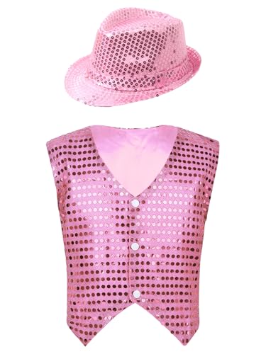 Vxuxlje Kostüm Gilet Pagliaccio Pailletten Für Kinder Mit Hut Ärmellose Glitzer Weste Aufführungen Theaterstücke Jazz Tanz Kostüm Rosa 98-104 von Vxuxlje