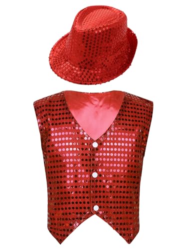 Vxuxlje Kostüm Gilet Pagliaccio Pailletten Für Kinder Mit Hut Ärmellose Glitzer Weste Aufführungen Theaterstücke Jazz Tanz Kostüm Rot 134-140 Vxuxlje Kostüm Gilet Pagliaccio Pailletten Für Kinder Mit Hut Ärmellose Glitzer Weste Aufführungen Theaterstücke Jazz Tanz Kostüm Rot 134-140 von Vxuxlje
