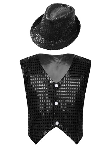 Vxuxlje Kostüm Gilet Pagliaccio Pailletten Für Kinder Mit Hut Ärmellose Glitzer Weste Aufführungen Theaterstücke Jazz Tanz Kostüm Schwarz 122-128 Vxuxlje Kostüm Gilet Pagliaccio Pailletten Für Kinder Mit Hut Ärmellose Glitzer Weste Aufführungen Theaterstücke Jazz Tanz Kostüm Schwarz 122-128 von Vxuxlje