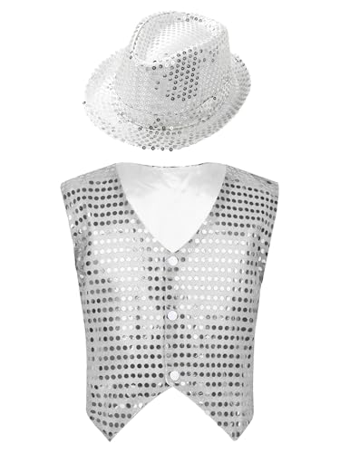 Vxuxlje Kostüm Gilet Pagliaccio Pailletten Für Kinder Mit Hut Ärmellose Glitzer Weste Aufführungen Theaterstücke Jazz Tanz Kostüm Weiß 164-170 Vxuxlje Kostüm Gilet Pagliaccio Pailletten Für Kinder Mit Hut Ärmellose Glitzer Weste Aufführungen Theaterstücke Jazz Tanz Kostüm Weiß 164-170 von Vxuxlje