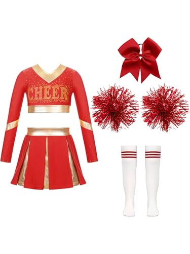 Vxuxlje Kostüm Kinder Mädchen Mit Pompons Tanz Top Minirock Faltenrock Schleife Band Socken Teiliges Tanzoutfit Für Karneval Fasching B Rot 158-164 von Vxuxlje