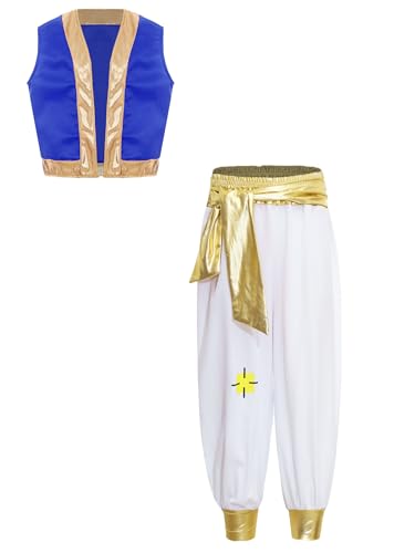 Vxuxlje Kostüm Prinz Kind Arabischer Prinz Weste Mit Haremshosen Hohe Taille Sultan Kostüm Traditionelle Verkleidung Halloween Königsblau 158-164 von Vxuxlje