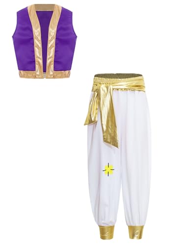 Vxuxlje Kostüm Prinz Kind Arabischer Prinz Weste Mit Haremshosen Hohe Taille Sultan Kostüm Traditionelle Verkleidung Halloween Lila 122-128 von Vxuxlje