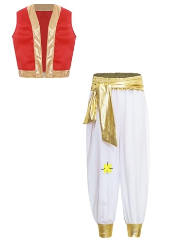 Vxuxlje Kostüm Prinz Kind Arabischer Prinz Weste Mit Haremshosen Hohe Taille Sultan Kostüm Traditionelle Verkleidung Halloween Rot 122-128 von Vxuxlje