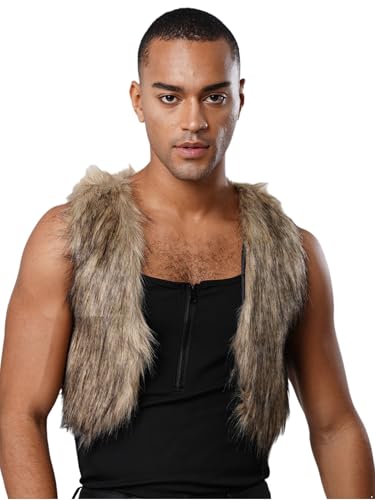 Vxuxlje Kunstpelz Weste Herren Höhlenmensch Kostüm Savage Kostüme Ärmellos Crop Top Bauchfreie Oberteile Tank Top Halloween Fasching Kostüm Rave Outfit Braun XL von Vxuxlje