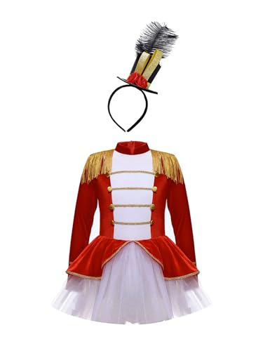 Vxuxlje Mädchen Dompteur Kostüm Halloween Langärmelig Mit Hut Zirkuskostüm Klassisches Ballettkleid Karneval Karnevalsfest Rot 158-164 von Vxuxlje