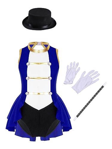 Vxuxlje Mädchen Dompteurin Zirkus Teiliges Kostüm Mit Hut Zauberstab Handschuhe Karneval Halloween Outfit Großer Künstler Tutu Ballettkleid Verkleidung Cosplay Königsblau 122-128 von Vxuxlje