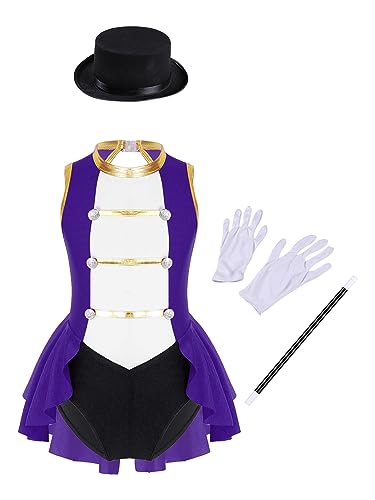 Vxuxlje Mädchen Dompteurin Zirkus Teiliges Kostüm Mit Hut Zauberstab Handschuhe Karneval Halloween Outfit Großer Künstler Tutu Ballettkleid Verkleidung Cosplay Lila 158-164 von Vxuxlje